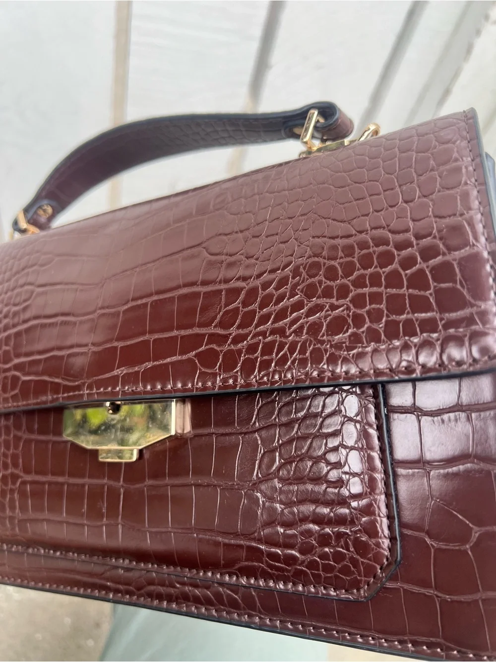 Zara Croc-Embossed Top-Handle Bag Oxblood/Burgundy/Chocolate Brown